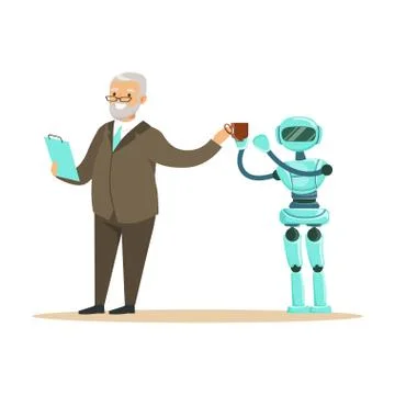Humanoid robot bringing coffee for a smiling senior man, future technology Illustrazione stock