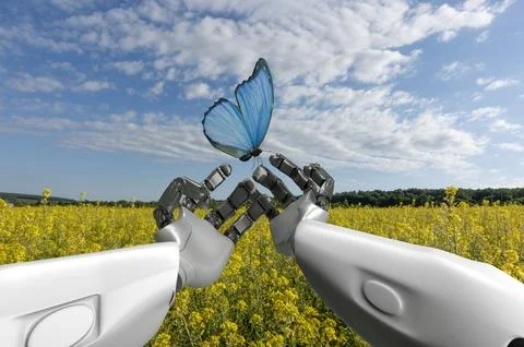 Humanoid robot with butterfly in the hands, first-person view, 3d render. Stock-Fotos