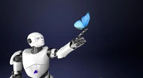 Humanoid robot with butterfly,3d render. Stock-Fotos