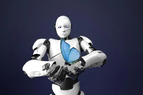 Humanoid robot with butterfly,3d render. Stock Photos