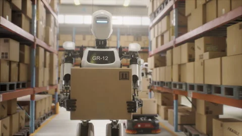 Humanoid Robot Carrying Parcel in Warehouse Stock Footage 321011625