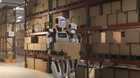 Humanoid Robot Carrying Parcel in Warehouse Stock Footage 321011632