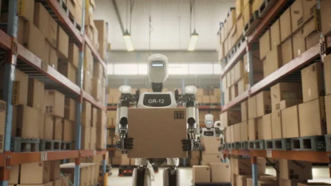 Humanoid Robot Carrying Parcel in Warehouse Stock Footage 321011636