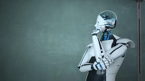 Humanoid Robot Chalk Board Thinking Teacher Stock Illustration