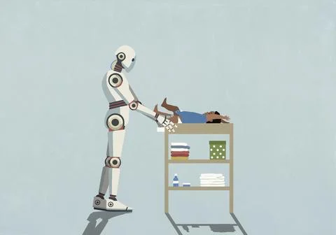 Humanoid robot changing baby's diaper on changing table Stock Illustration