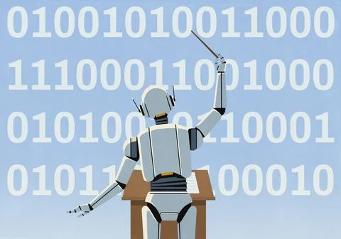 Humanoid robot conducting orchestra of binary code Stock Illustration