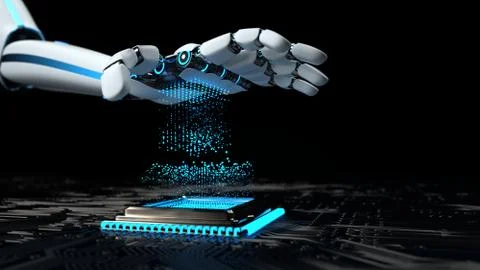 Humanoid robot connects to the computer. 3d illustration. Stock Illustration