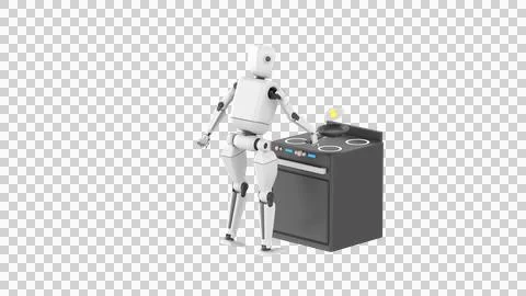 Humanoid robot cooking fried eggs in a frying pan over a stove Stock Illustration