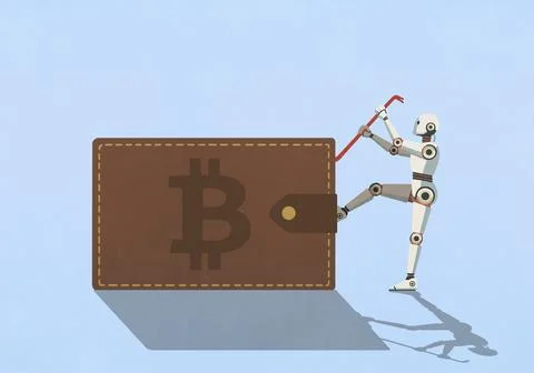 Humanoid robot with crowbar attempting to pry open large Bitcoin wallet Stock Illustration