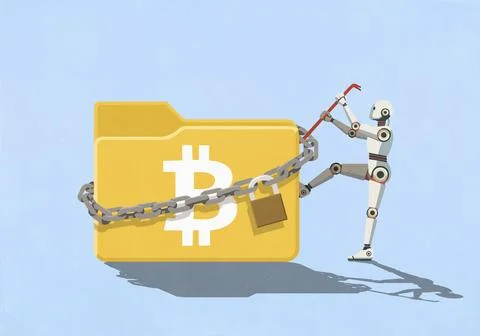 Humanoid robot with crowbar attempting to pry open padlocked digital Bitcoin Stock Illustration