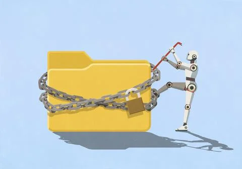 Humanoid robot with crowbar trying to open padlocked digital folder Illustrazione stock