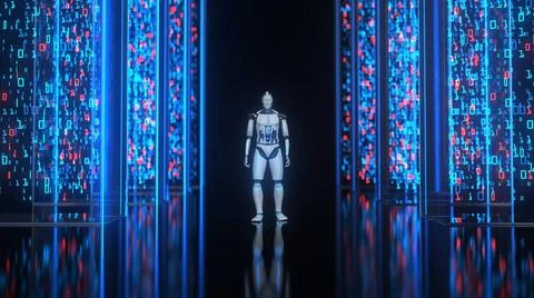 Humanoid Robot Data Block Humanoid robot in the midst of digital data bloc... 스톡 사진