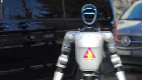 A humanoid robot on display during the World Economic Forum Annual Meeting Vídeo Stock 345299521