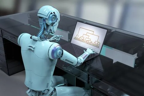 Humanoid robot engaged in work with a laptop, analyzing a cluster analysis .. 스톡 일러스트
