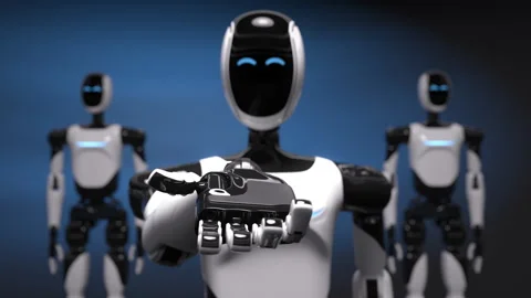 Humanoid robot extends his hand offering help or collaboration Stock Footage 329672919