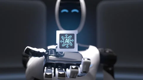 Humanoid robot extends its hand to reveal an advanced AI accelerated chip Stock Footage 329763168