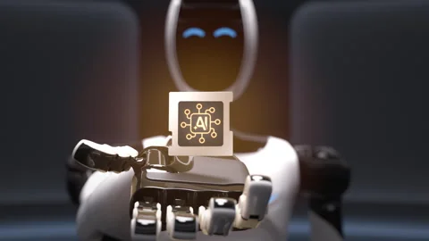 Humanoid robot extends its hand to reveal an advanced AI accelerated chip Stock Footage 329763172