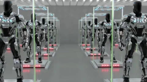 Humanoid robot factory tech bg move camera endless Stock Footage 334029228