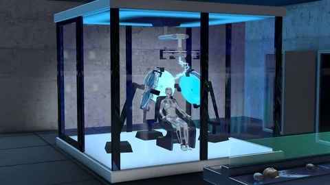 Humanoid robot, female android in a glass box, sci-fi cyborg production Stock Footage 84244452