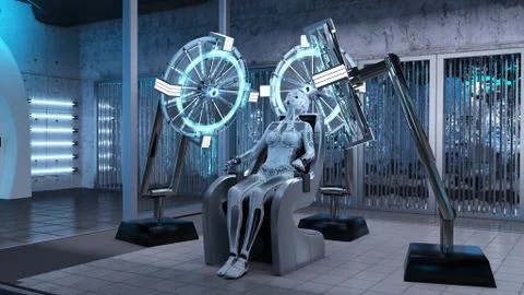 Humanoid robot, female android sitting in a chair in a sci-fi lab, cyborg Stock Illustration