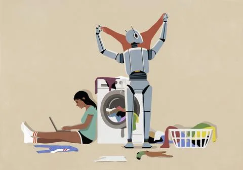 Humanoid robot folding laundry at dryer while teenage girl uses laptop Stockillustratie