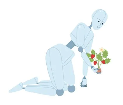 Humanoid robot gardener semi flat color vector character Stock Illustration