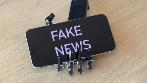 Humanoid Robot Hand holding Smartphone with Fake News on Stock Footage 280073278