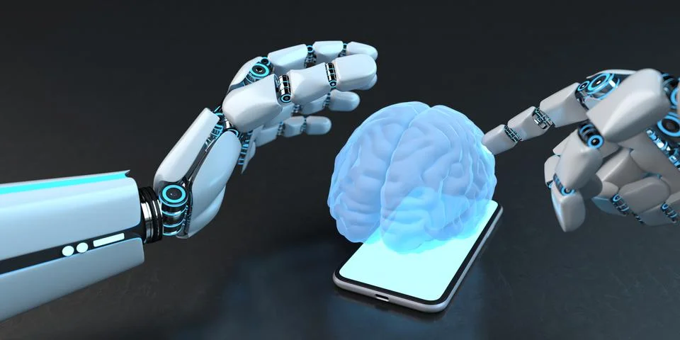 Humanoid Robot Hand Smarthone Human Brain Illustrazione stock