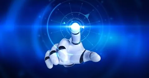 Humanoid robot hand touching screen and activating digital hud Stock Illustration