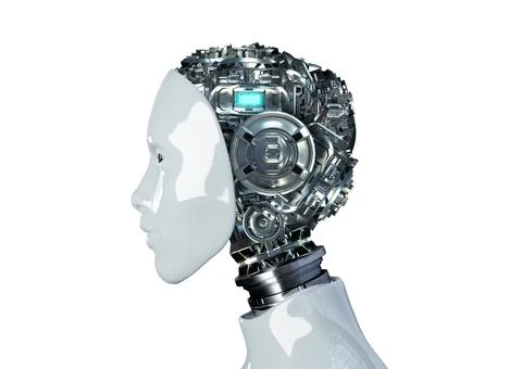 Humanoid robot head with internal cyber mechanical artificial brain technolog Illustrazione stock