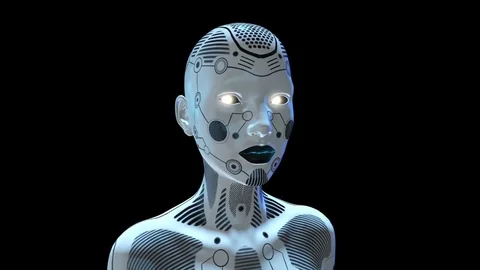 Humanoid robot head programming, female android isolated on black background 스톡 동영상 83999497