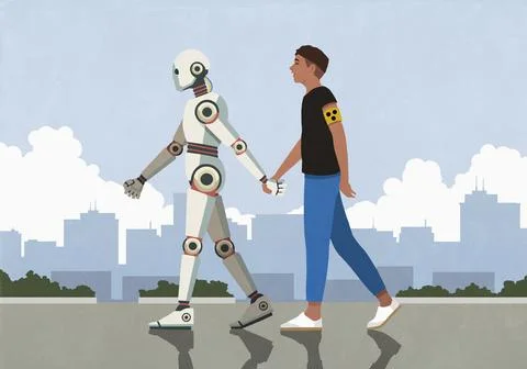 Humanoid robot holding hands with and guiding blind man walking in city Stock Illustration