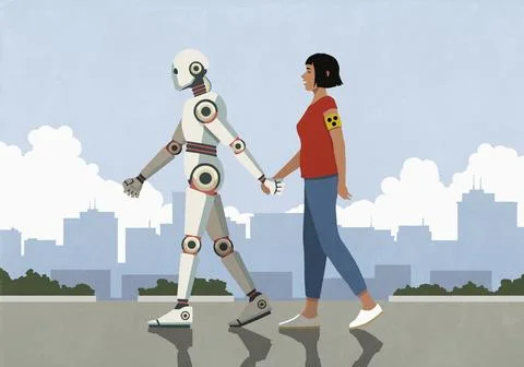 Humanoid robot holding hands with and guiding blind woman walking in city Stock Illustration