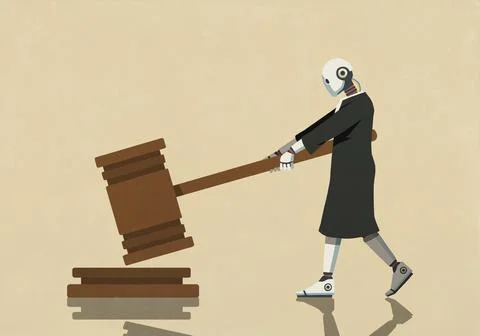 Humanoid robot in judge's robe with large gavel against yellow background Stock Illustration