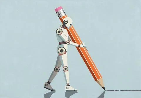 Humanoid robot with large pencil drawing line on blue background Stock Illustration