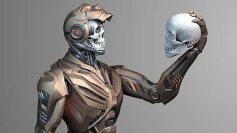 HUMANOID robot looks at human skull Video stock 252318724