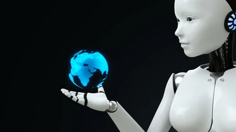 A humanoid robot opens her hand and a earth hologram appears. Stock Footage 155551079