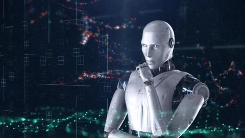Humanoid robot or ai cyborg with virtual graphic display Stock-Footage 308358886