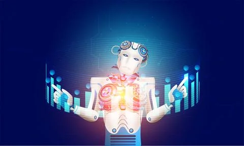 Humanoid robot  or cyborg working with hud display or virtual keyboard on d.. Stock Illustration