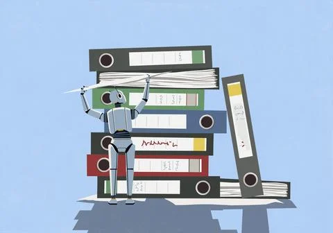 Humanoid robot organizing information in file folders against blue background Stock Illustration