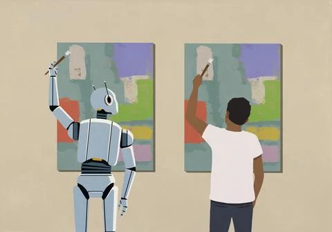 Humanoid robot painting same artwork as man 库存插图
