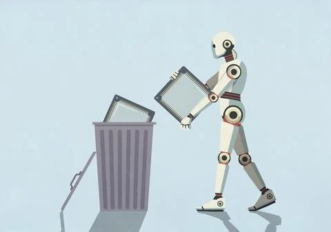 Humanoid robot placing computer chips in garbage can against blue background 스톡 일러스트
