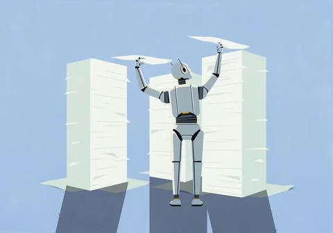 Humanoid robot placing paper documents on tall stacks Stock Illustration
