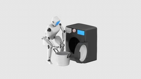 Humanoid robot placing them into a washing machine Stock Footage 330073926