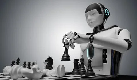 Humanoid robot is playing chess. Artificial intelligence concept. 3D rendered 스톡 일러스트