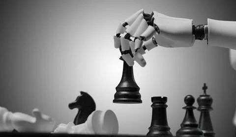 Humanoid robot is playing chess. Artificial intelligence concept. 3D rendered Stockillustratie