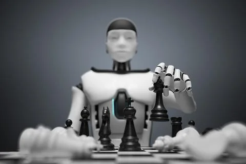Humanoid robot is playing chess. Artificial intelligence concept. 3D rendered Stockillustratie