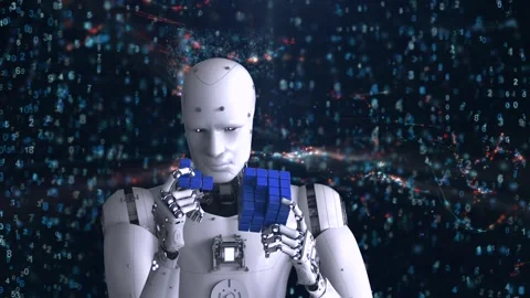 Humanoid robot playing cube puzzle Stock Footage 308358885