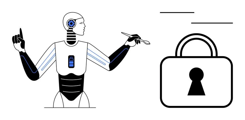 Humanoid robot pointing and analyzing with a stylus next to a digital padlock Stock Illustration
