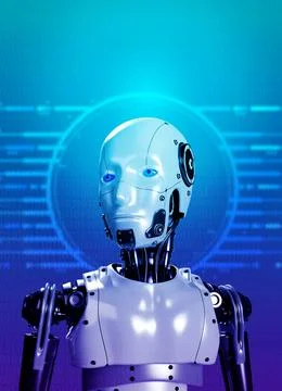 Humanoid robot portraits looking smart on binary code and circuit symbol on.. Stock Illustration